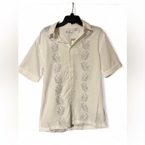Men's Casual White Button Down Shirt with Leaf Pattern